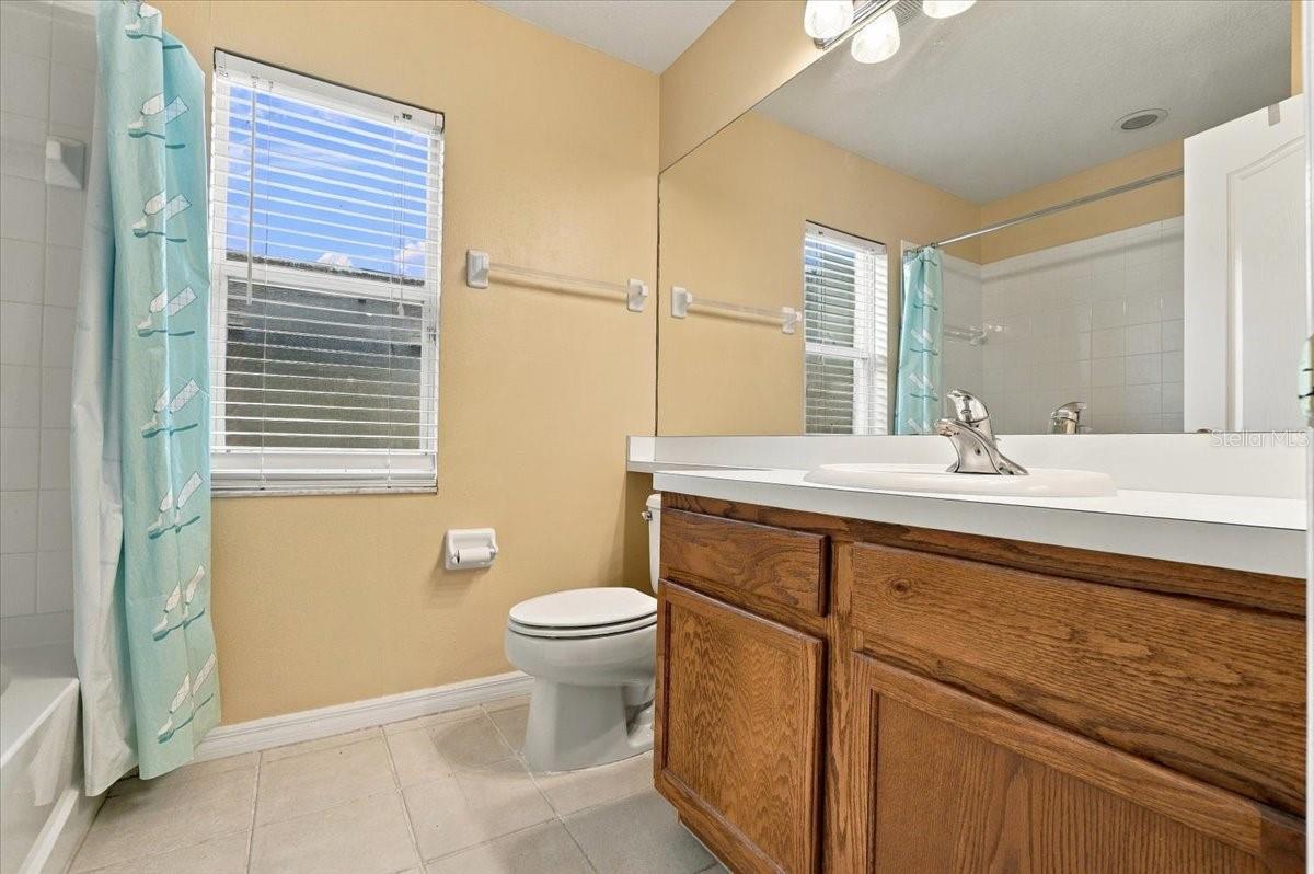 Bathroom with a wood vanity, large mirror, toilet, and turquoise shower curtain.