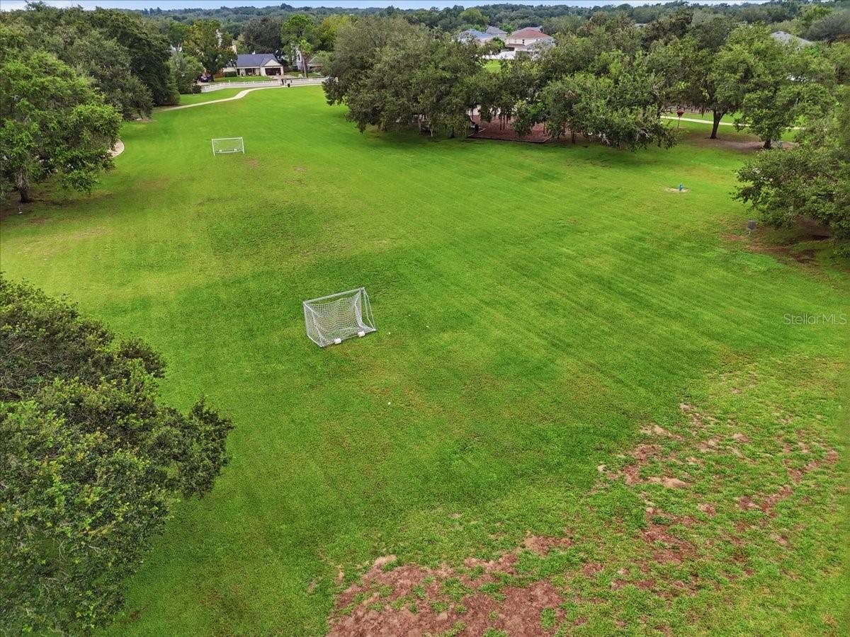 Aerial view of a broad grassy field with two soccer goals and trees along its edges.