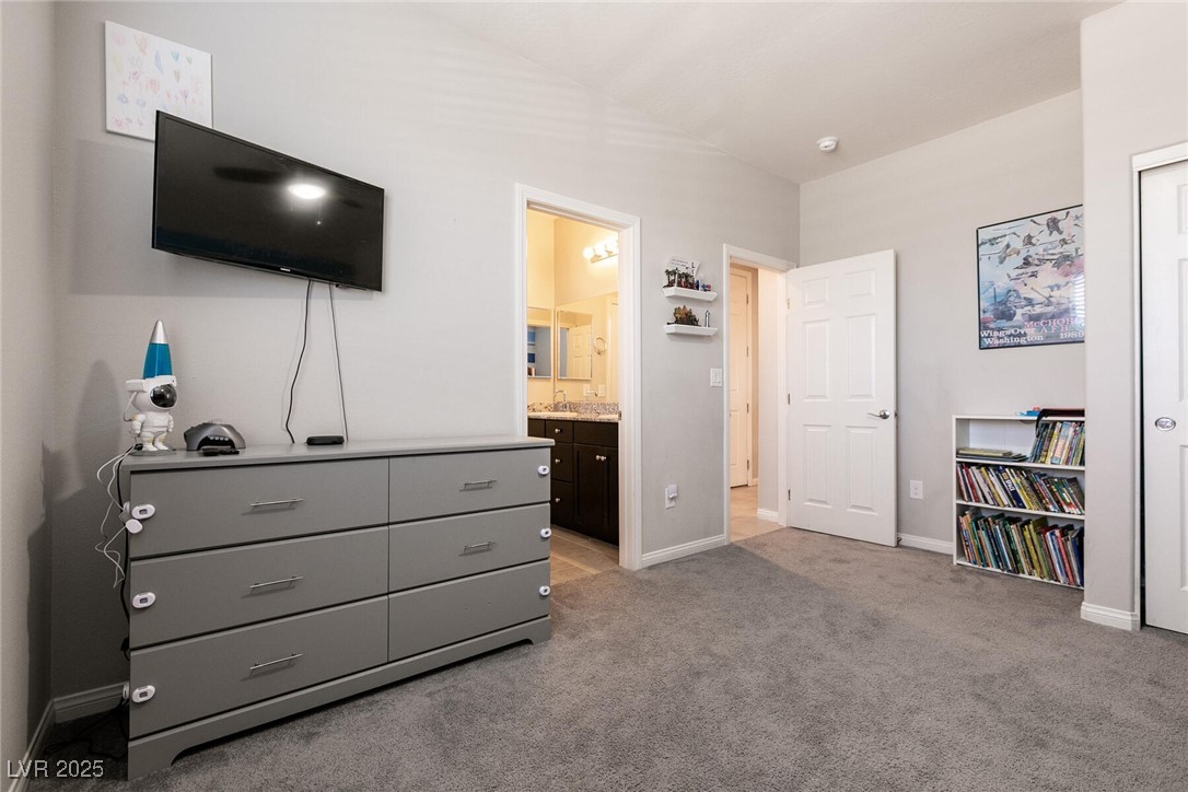 Furnished bedroom with a wall-mounted TV, gray dresser, carpet, and a bookshelf of books.