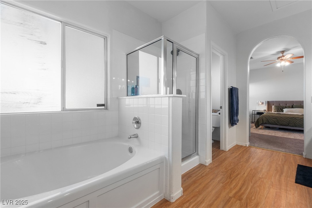Bathroom with a large bathtub, glass shower, and arched view into a bedroom.