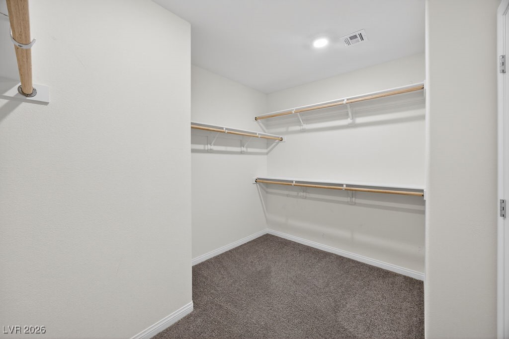 Walk-in closet with brown carpet and wooden hanging rods and shelves.