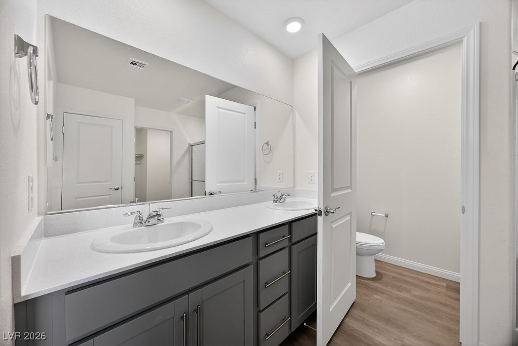 Bathroom with a long double-sink vanity, gray cabinets, and a separate toilet room.