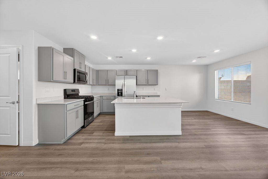 Open kitchen with gray cabinets, stainless steel appliances, a large island, and wood-look flooring.