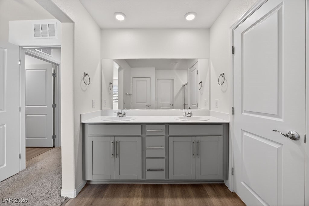 Bathroom with a gray double vanity, two sinks, large mirror, and wood-look flooring.