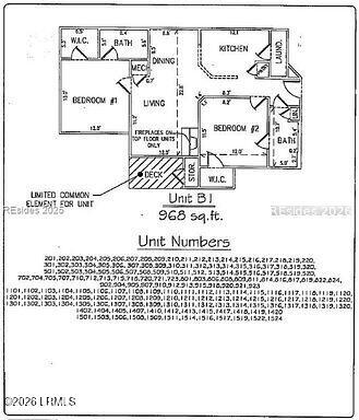 Unit B 968-square-foot floor plan with two bedrooms, two baths, and a deck.