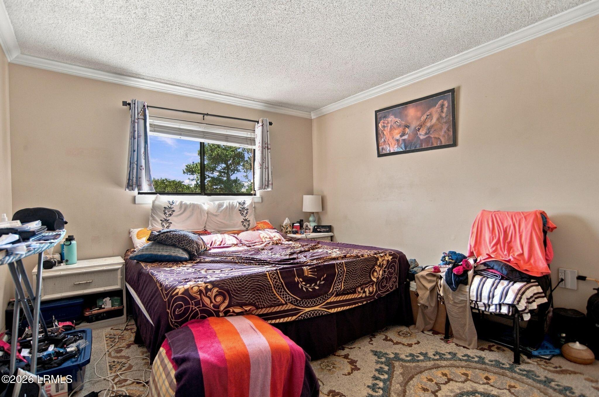 Bedroom with a large patterned bed, a window overlooking trees, and clothing and belongings around the room.