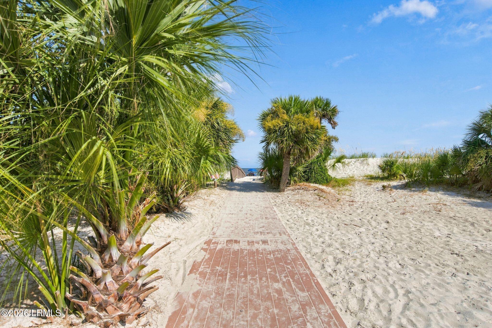 Brick walkway winds through palm trees and sandy dunes toward the beach and ocean.
