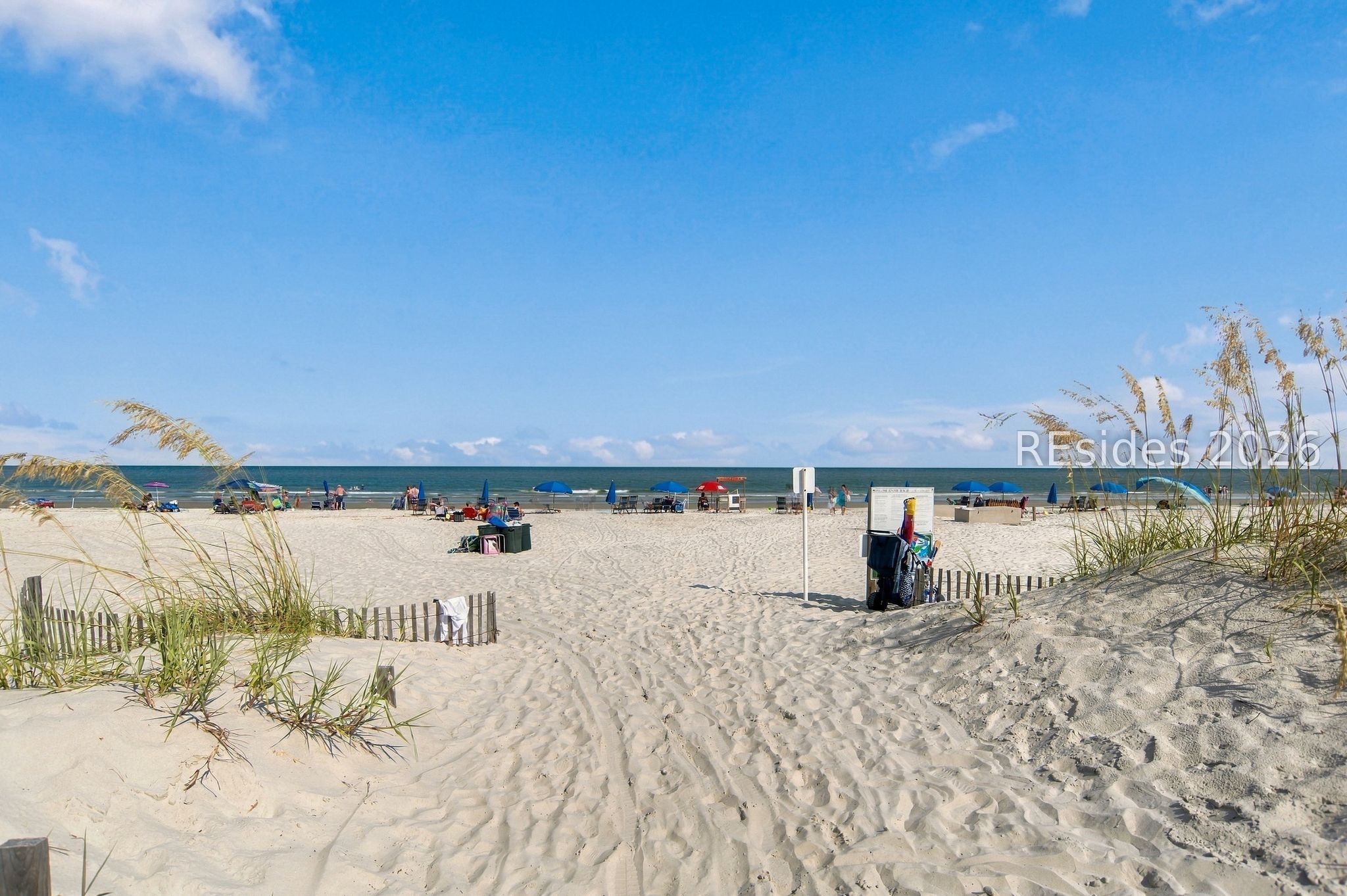 Sandy beach path through dune grass leads to an ocean lined with colorful umbrellas.