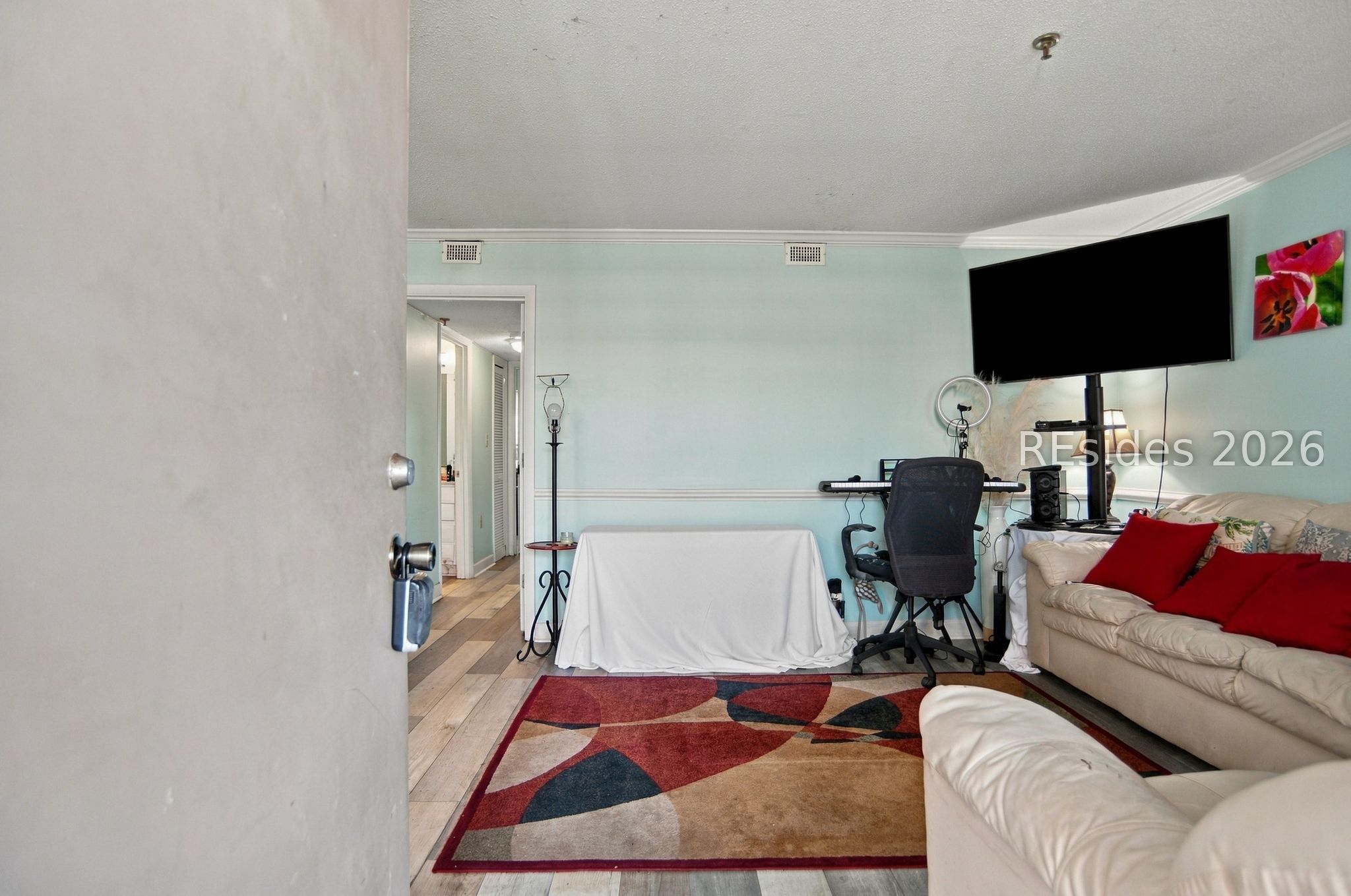 Living room with aqua walls, beige sofa with red pillows, desk, and colorful geometric rug.