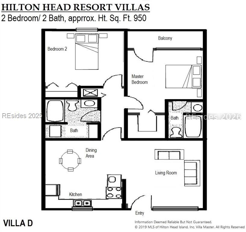 Floor plan of Villa D, a two-bedroom, two-bathroom unit with a balcony.