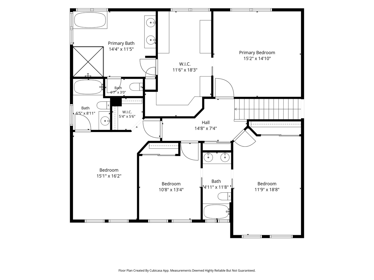 Upper-level floor plan with a primary suite, three bedrooms, three baths, walk-in closets, and a central hall.