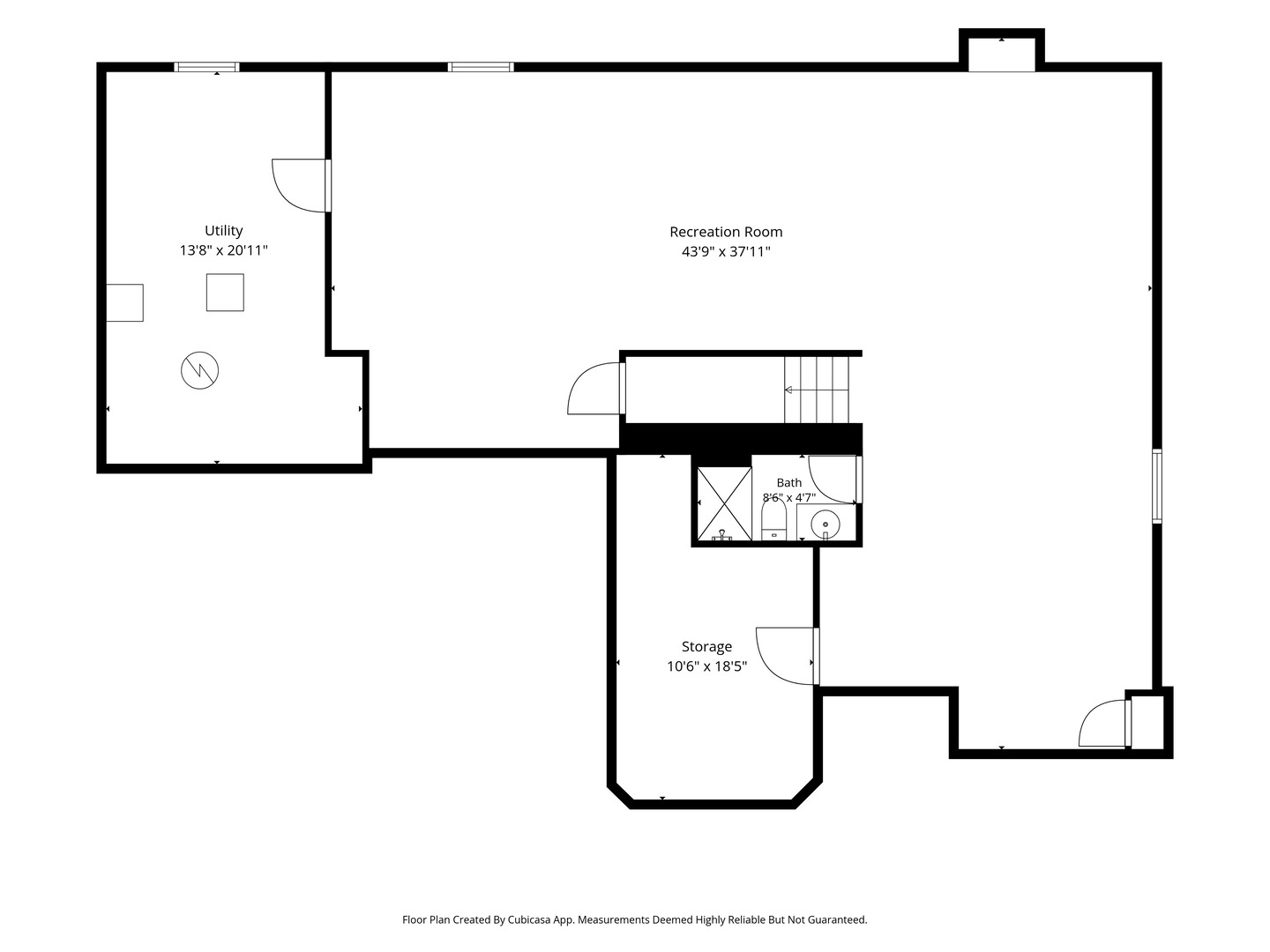 Basement floor plan with a large recreation room, utility room, bathroom, storage, and stairs.