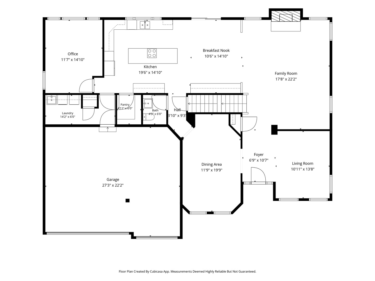 Floor plan showing the home's room layout and dimensions, including a large garage and open kitchen, breakfast nook, and family room.