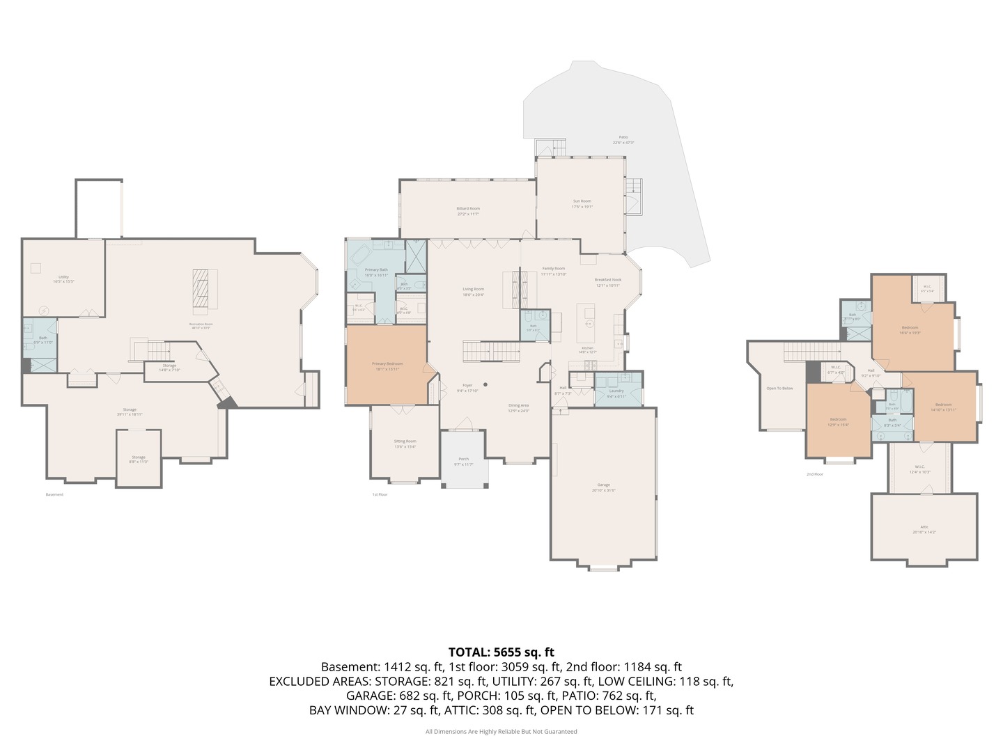 Floor plan of the basement, first floor, second floor, and attic; total area 5,655 square feet.