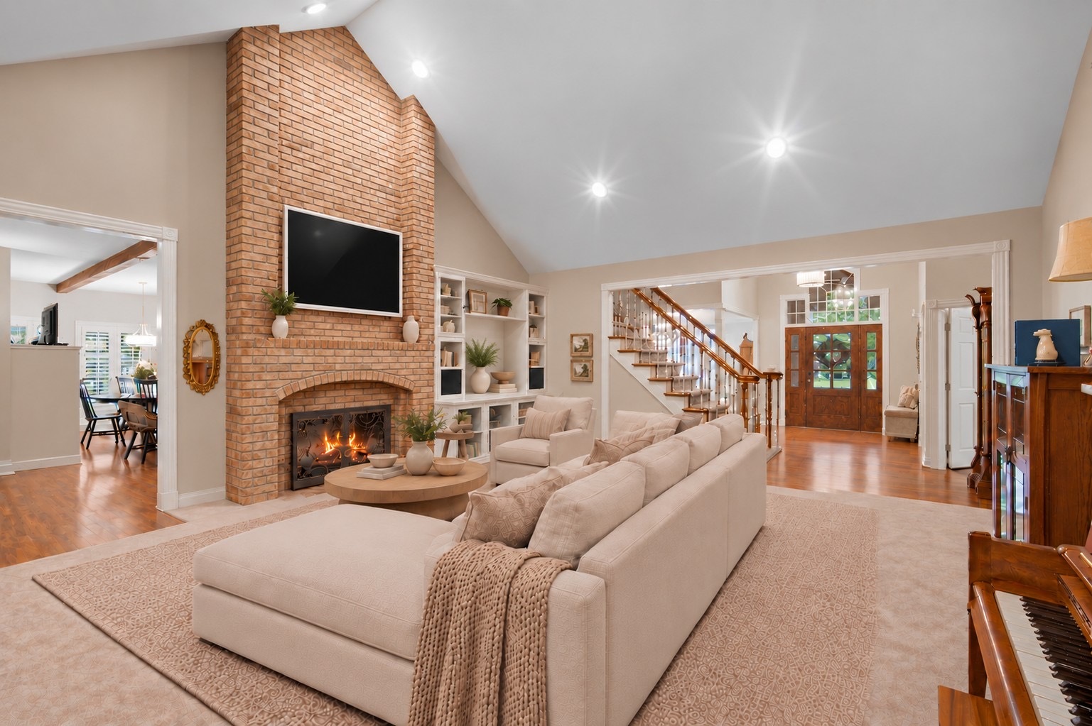 Living room with a vaulted ceiling, brick fireplace, built-in shelves, and cream sectional sofa.