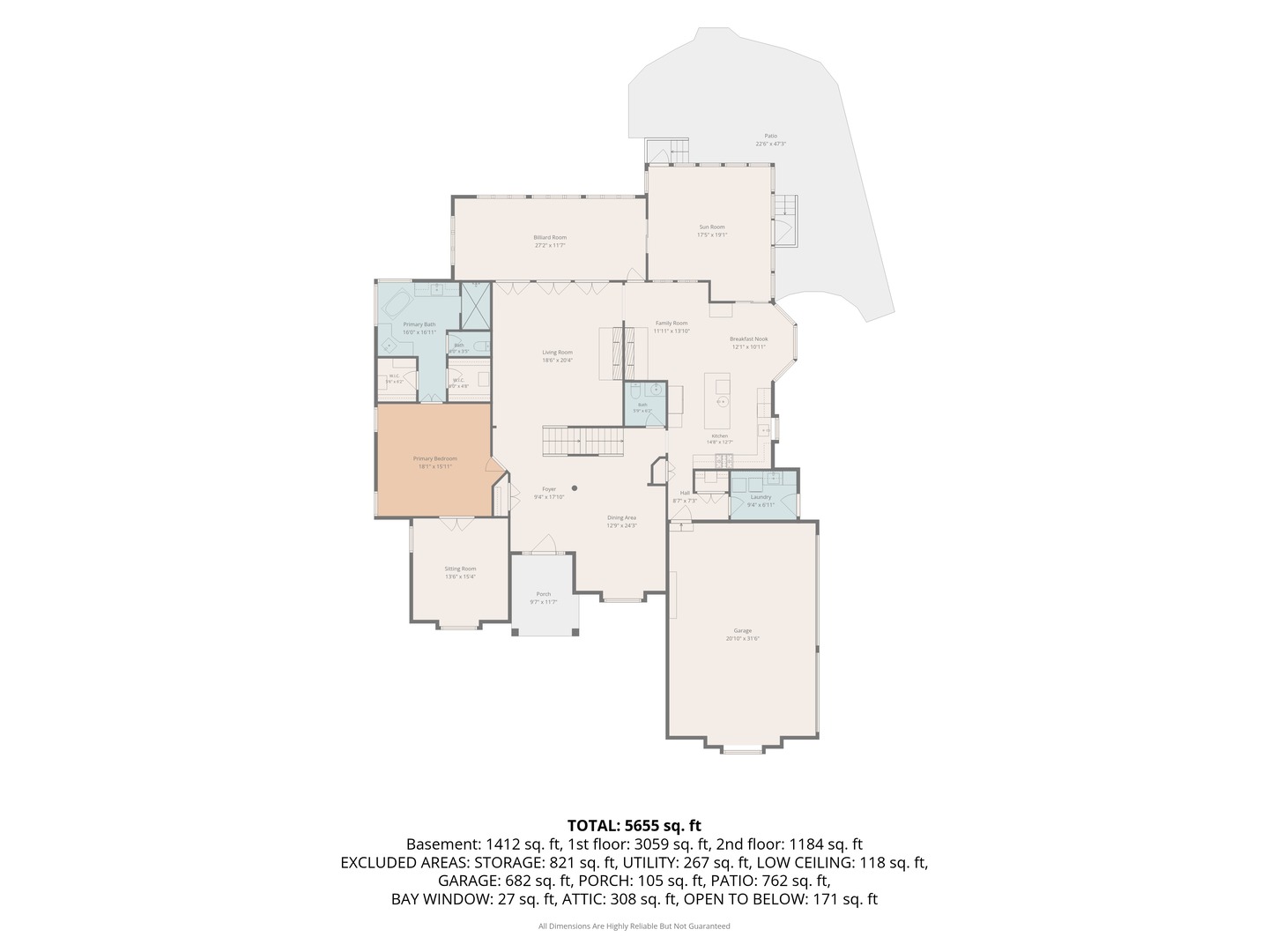 Labeled home floor plan showing the room layout and 5,655 total square feet.