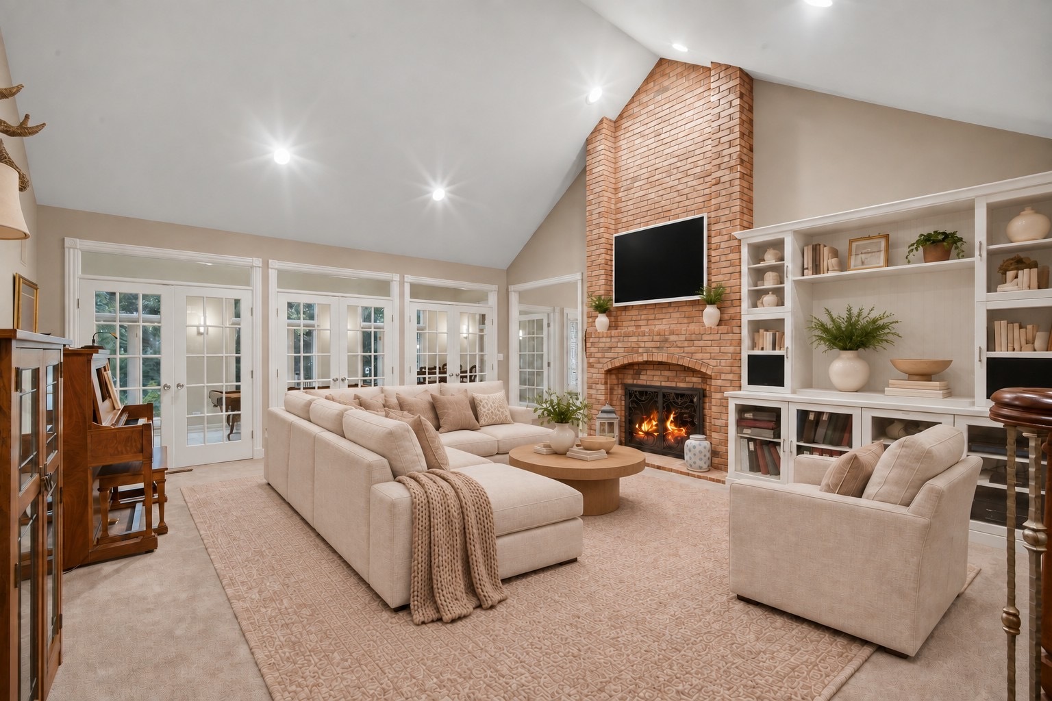 Living room with a vaulted ceiling, brick fireplace, built-in shelves, and French doors.
