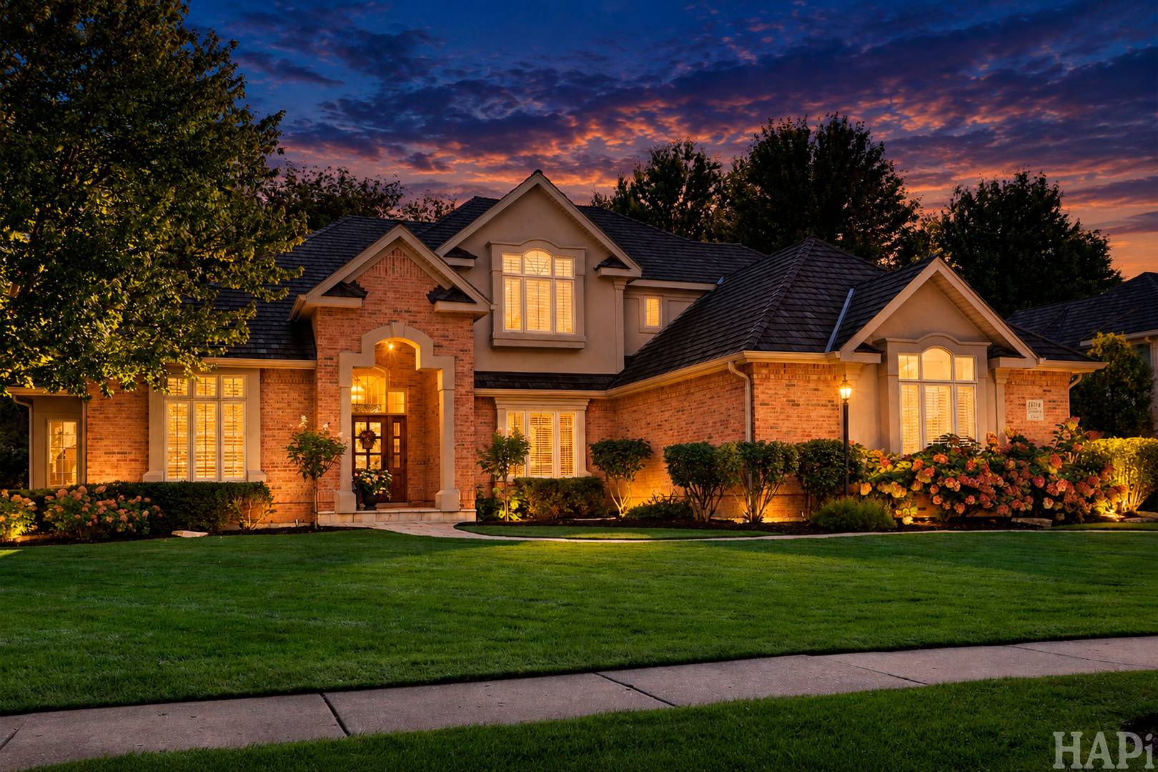 Two-story brick home at dusk, with glowing windows, landscaped flower beds, and a broad front lawn.