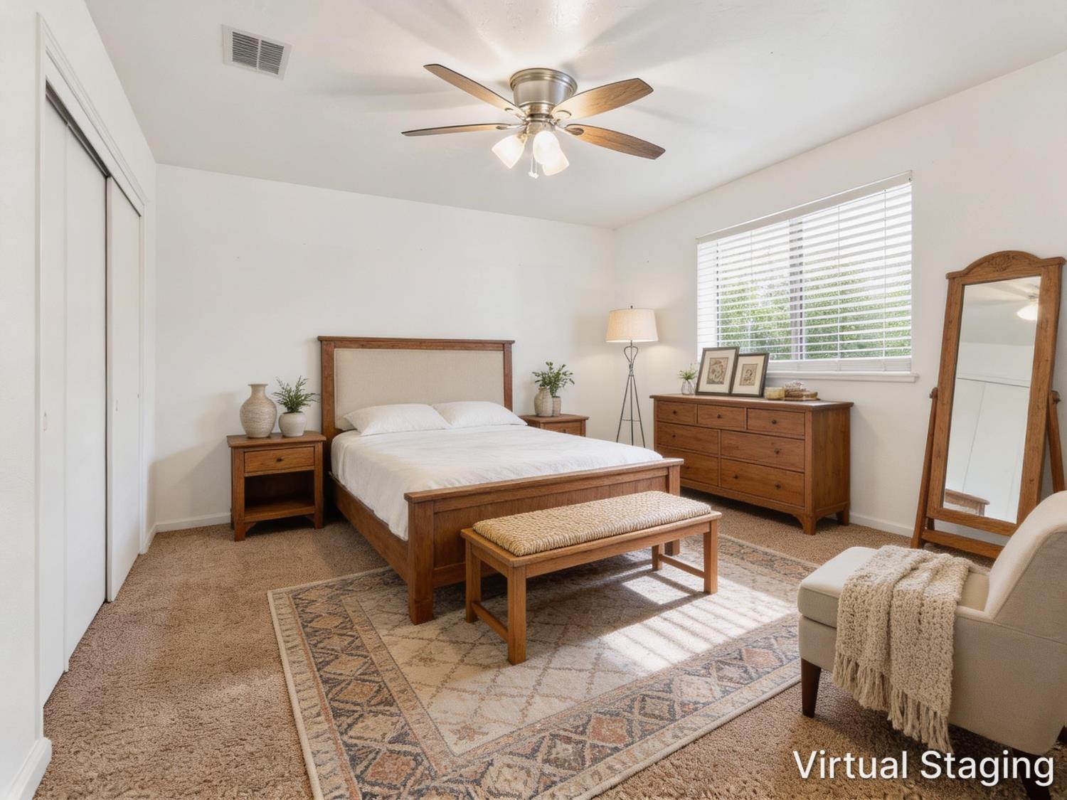 Virtually staged bedroom with a wooden bed, matching dresser, patterned rug, and standing mirror.