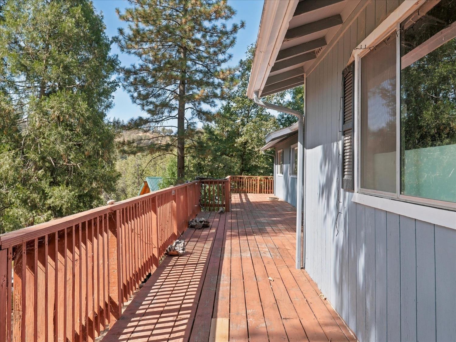 Wooden deck beside a gray house, overlooking a pine-filled forest.