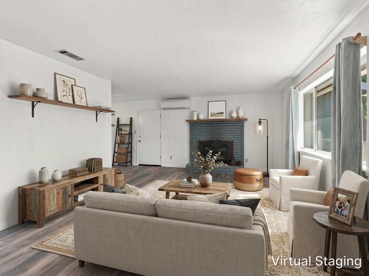 Staged living room with a blue-gray brick fireplace and large windows.