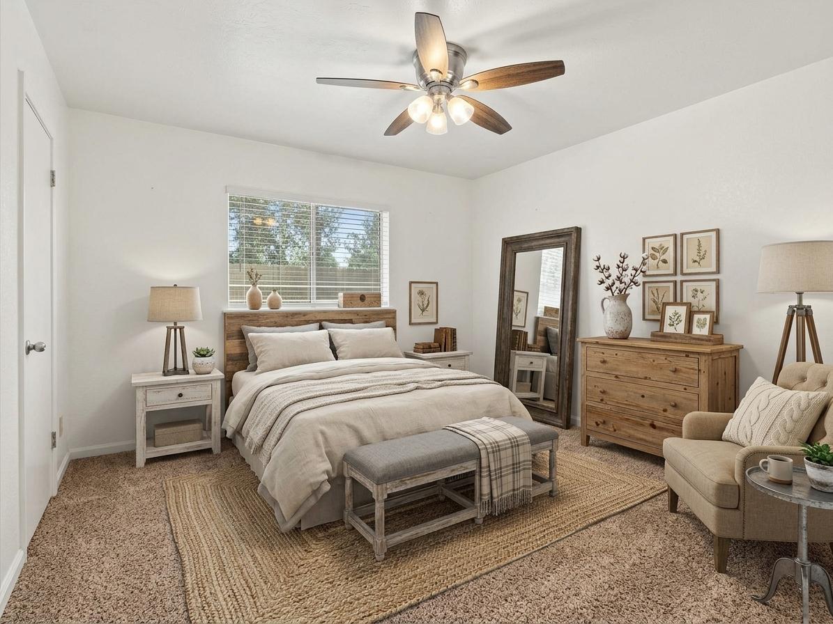 Furnished bedroom with neutral bedding, wooden furniture, a large rug, and a ceiling fan.