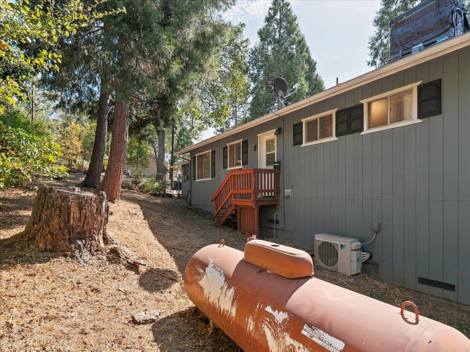 Gray house with red steps and a large propane tank in a wooded yard.