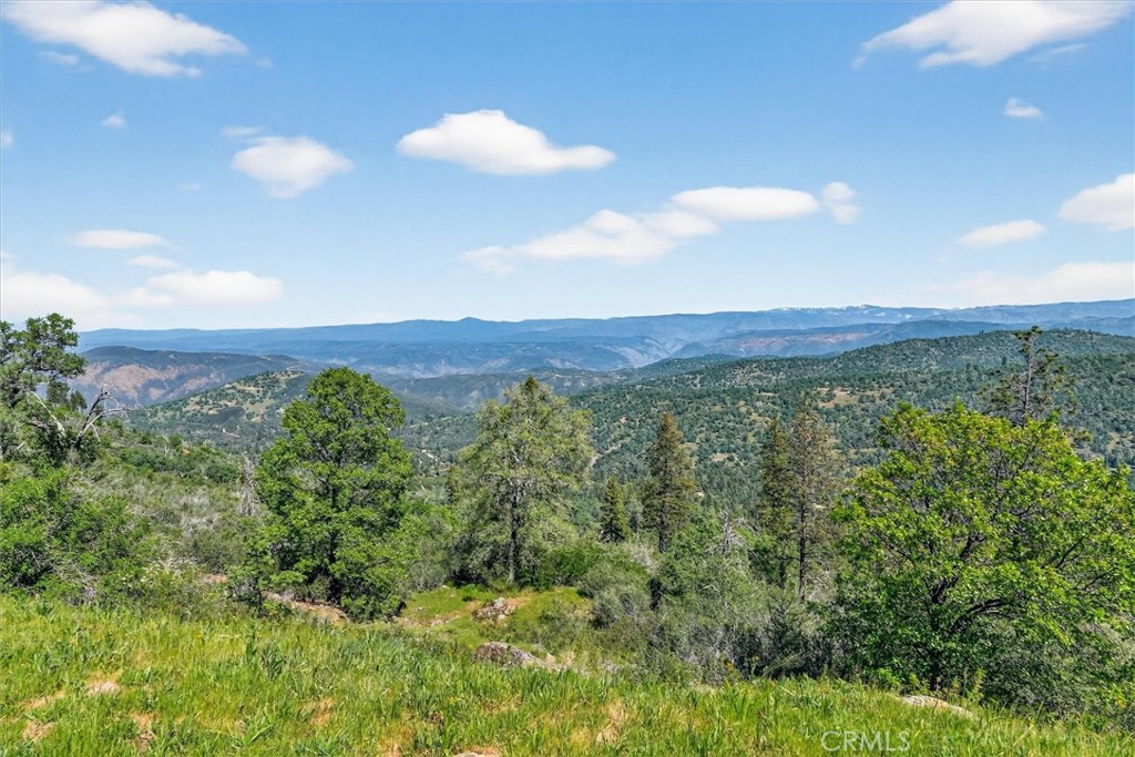 Mountain ridges and wooded foothills viewed from a grassy hillside beneath a partly cloudy sky.