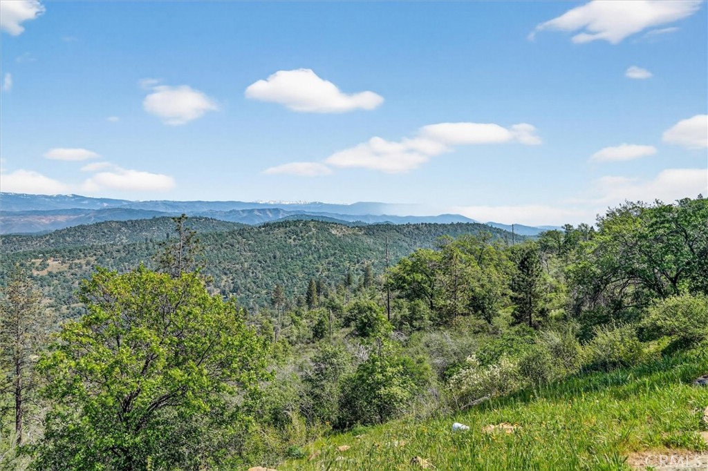 Mountain ridgelines and forested hills viewed from a grassy hillside beneath a blue sky.
