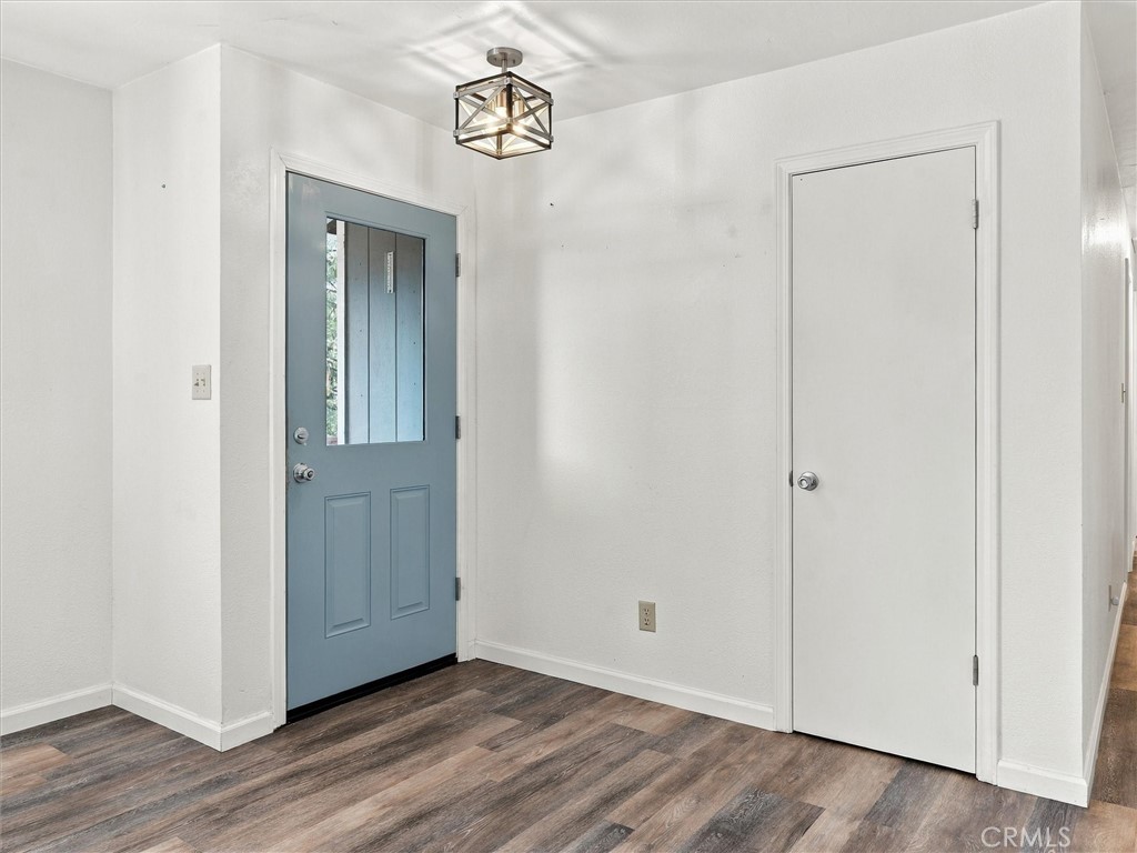 Entryway with a blue glass-inset front door, wood-look flooring, and a geometric ceiling light.