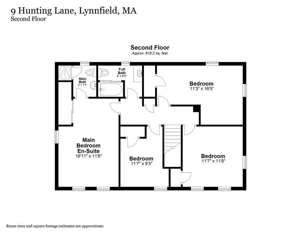 Second-floor plan showing four bedrooms, two bathrooms, stairs, and room dimensions.