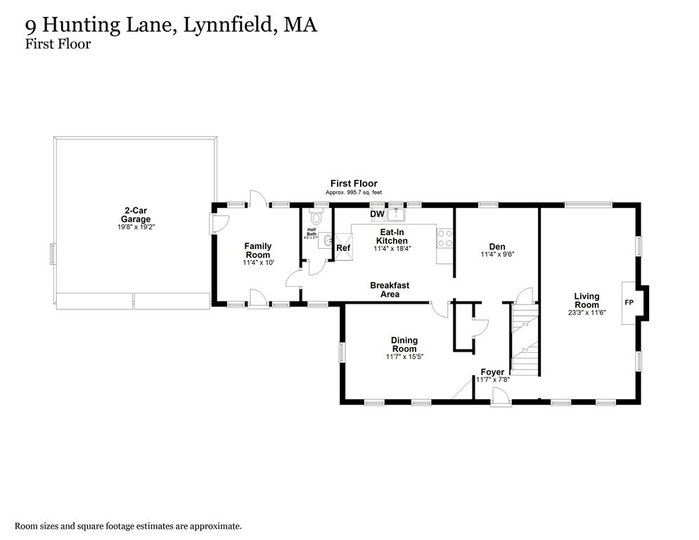 First-floor plan of 9 Hunting Lane showing the room layout and attached two-car garage.