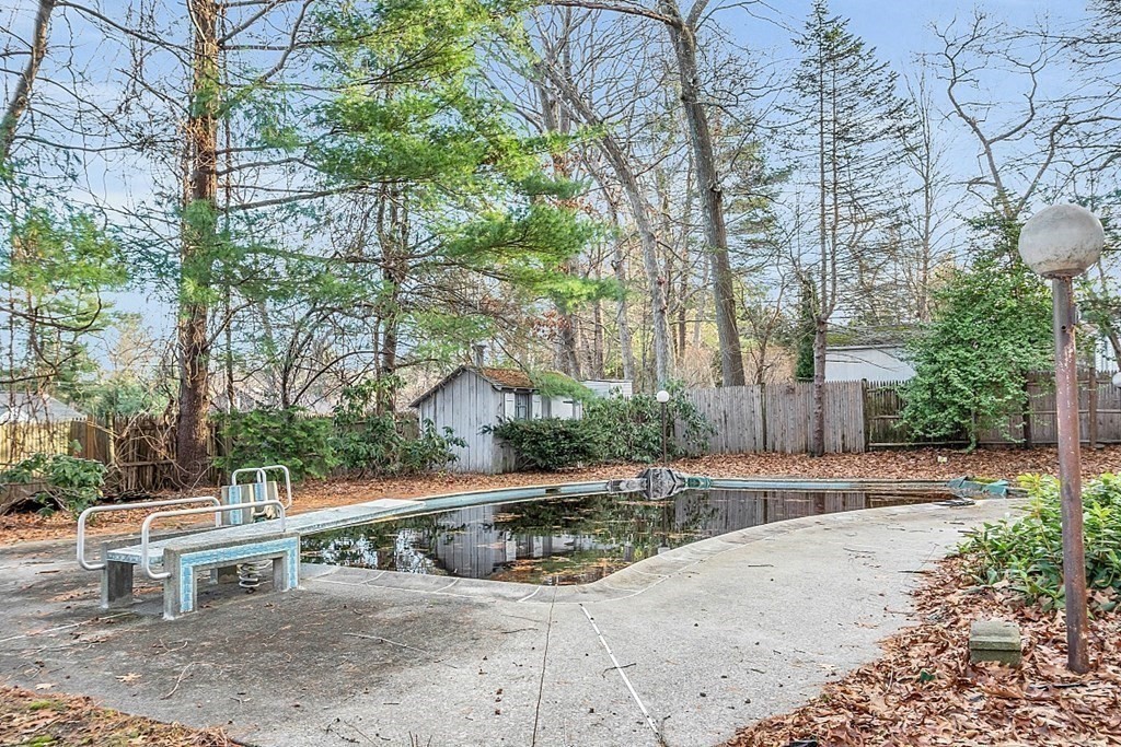 Outdoor swimming pool with concrete deck, metal handrails, and trees in a fenced yard.