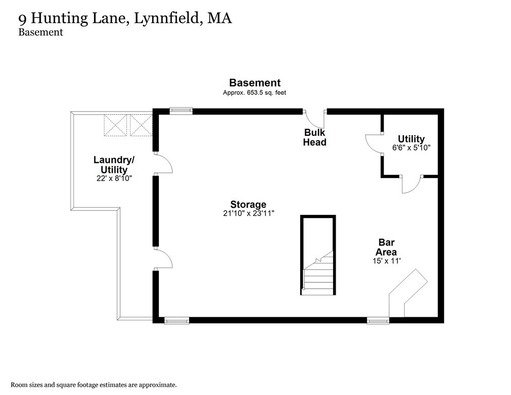 Basement floor plan showing storage, laundry and utility rooms, a bar area, and stairs.