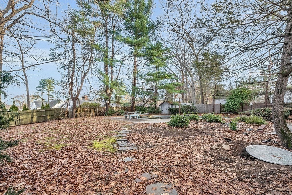 Wooded backyard with a leaf-covered lawn, stepping-stone path, and in-ground pool.