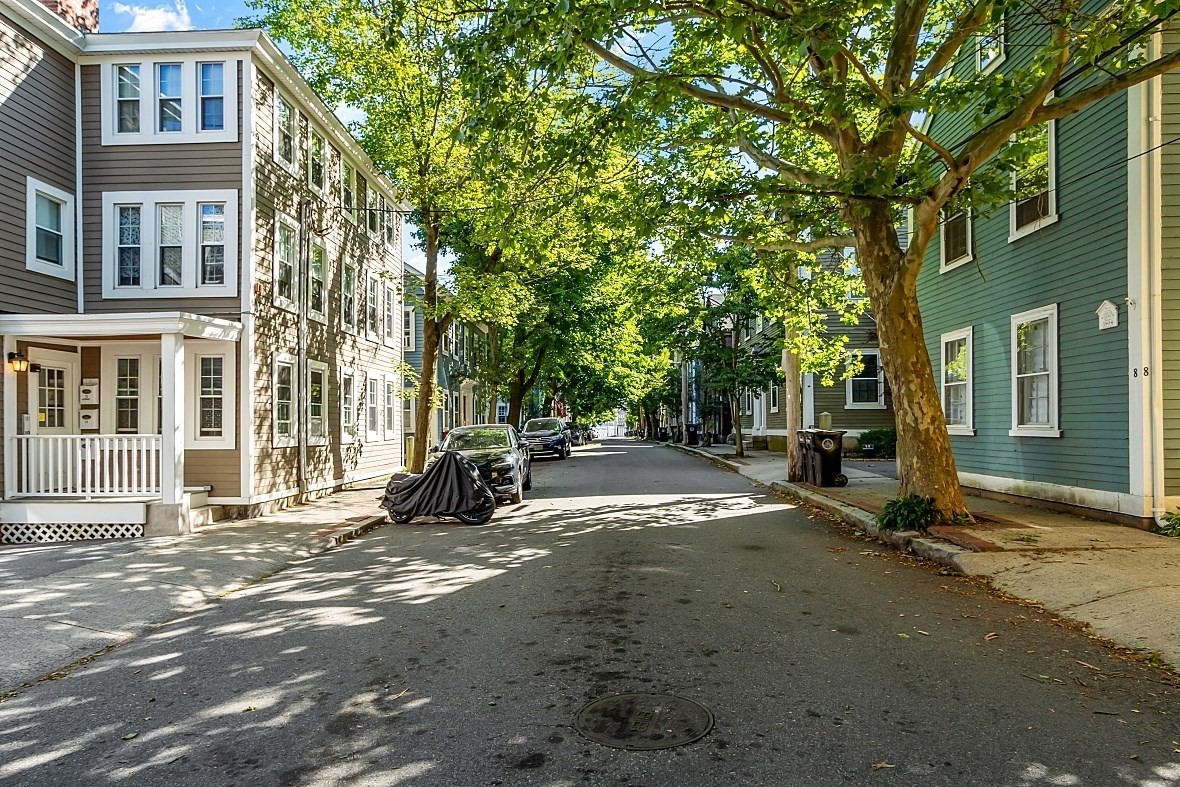Tree-lined residential street bordered by closely spaced homes and parked cars.