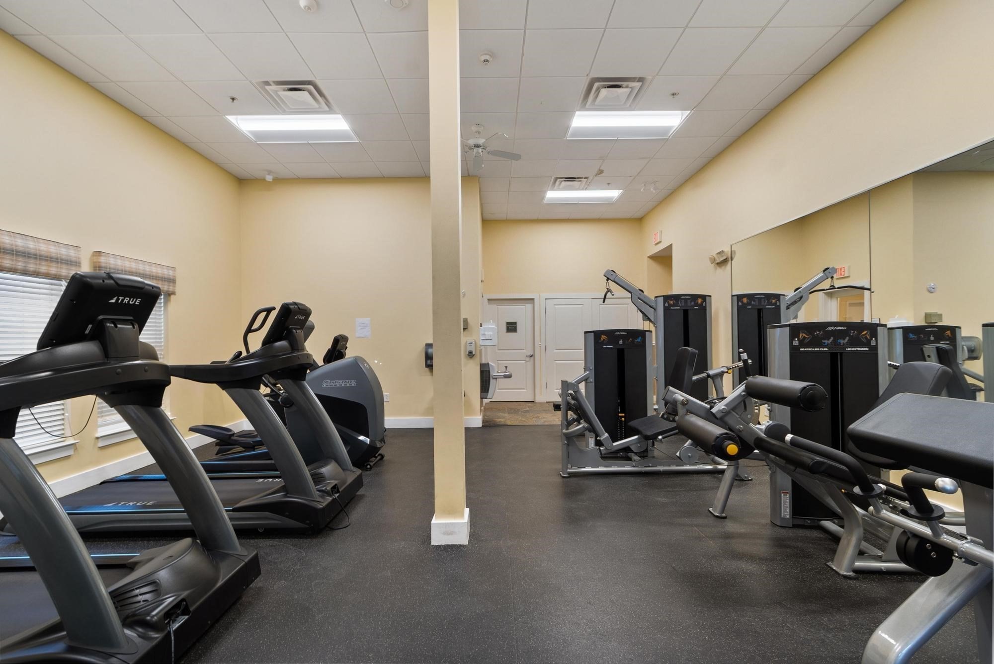 Fitness center with treadmills by the windows and weight machines along a mirrored wall.