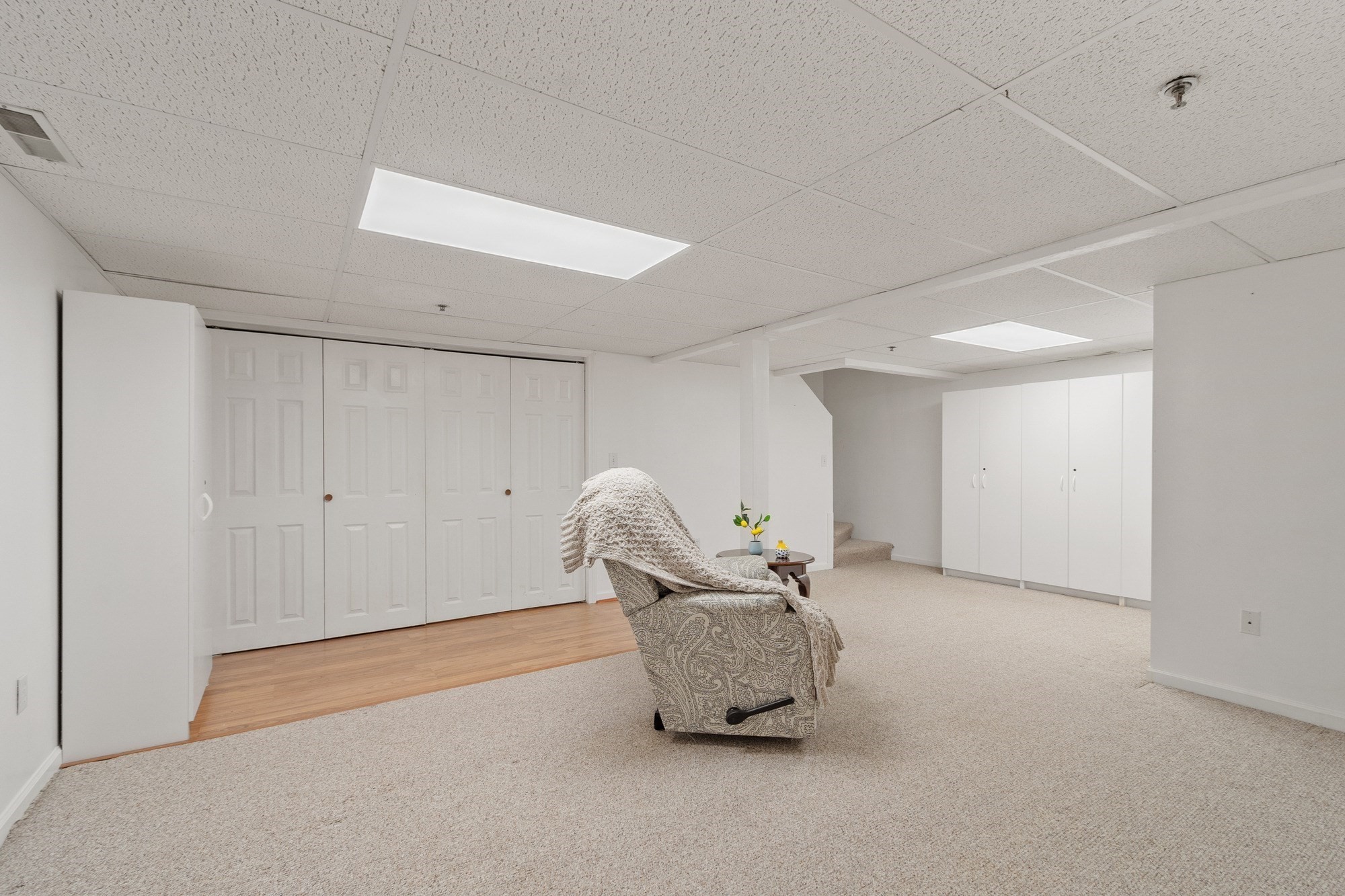 Finished basement room with a draped armchair, white closets, beige carpet, and a wood-floored section.