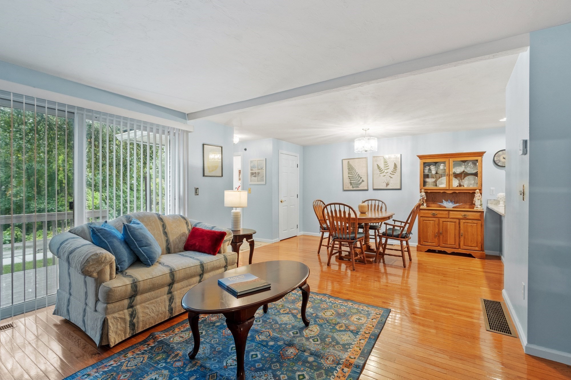 Living and dining area with hardwood floors, a blue patterned rug, and large windows with vertical blinds.