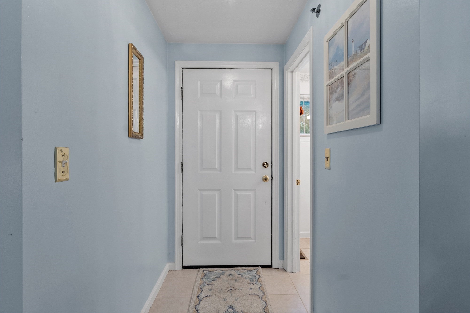 Entry hallway with pale blue walls, a white paneled door, and a patterned runner rug.