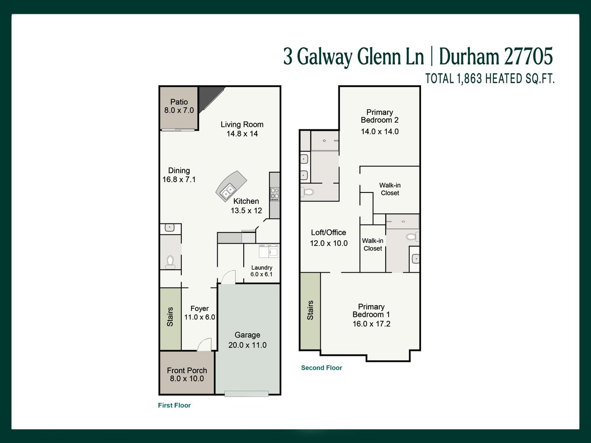 Two-floor plan for 3 Galway Glenn Lane, with room layouts, dimensions, garage, patio, and loft/office.