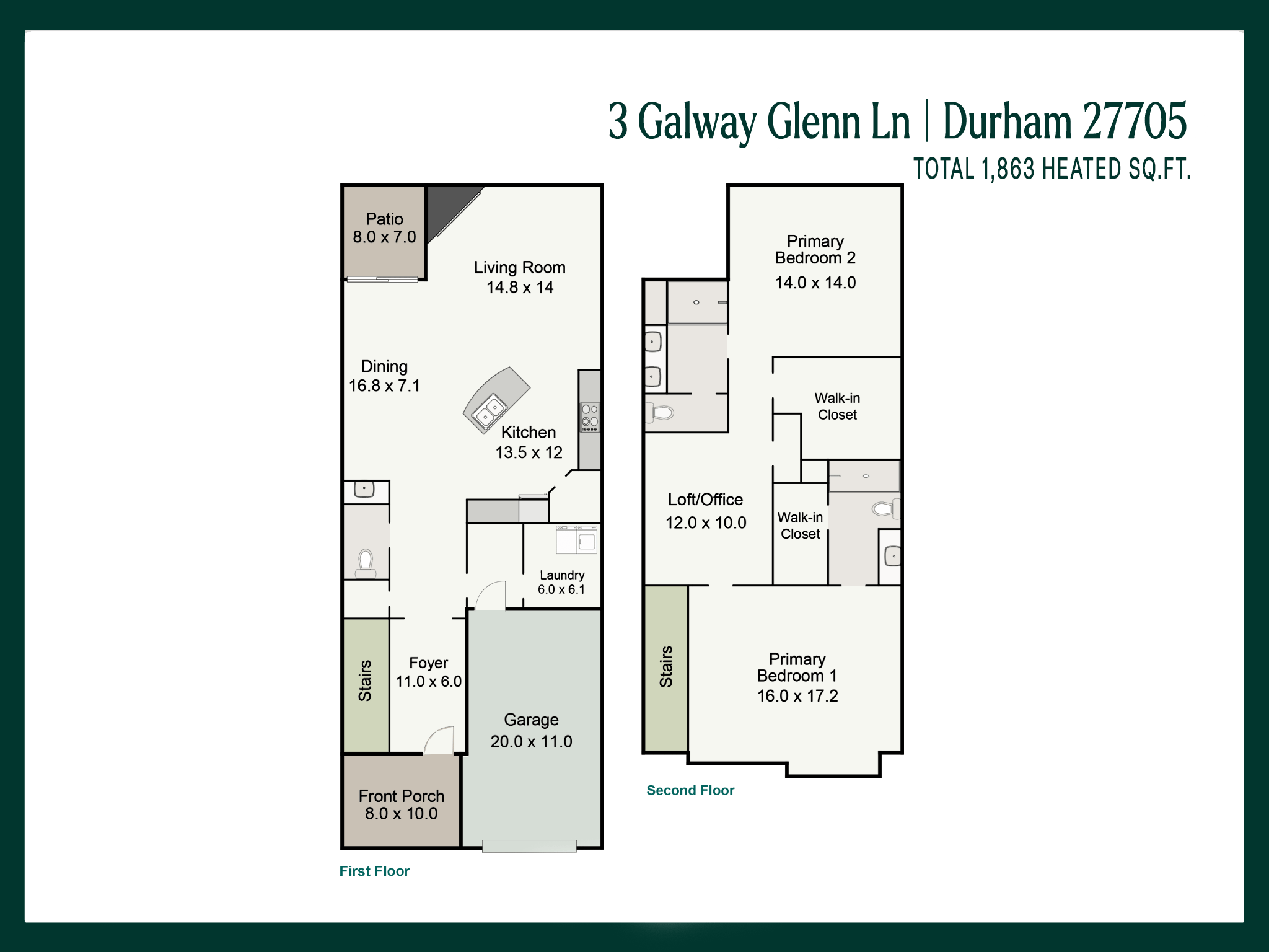 Two-story floor plan with first-floor living spaces and garage, and upstairs bedrooms and loft.