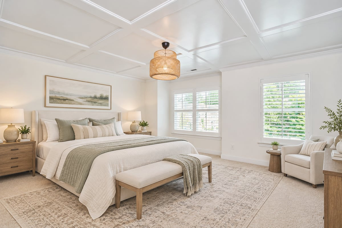 Staged bedroom with a large upholstered bed, coffered ceiling, woven pendant, and plantation-shuttered windows.