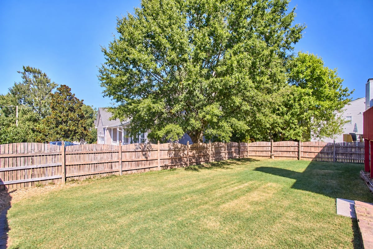 Fenced grassy backyard with a large shade tree and neighboring homes.