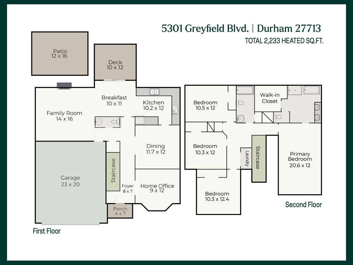Two-story floor plan for 5301 Greyfield Boulevard, showing room layouts and dimensions.