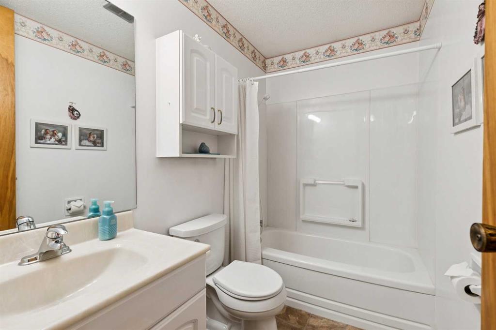 Bathroom with a white vanity, toilet, and bathtub with shower.