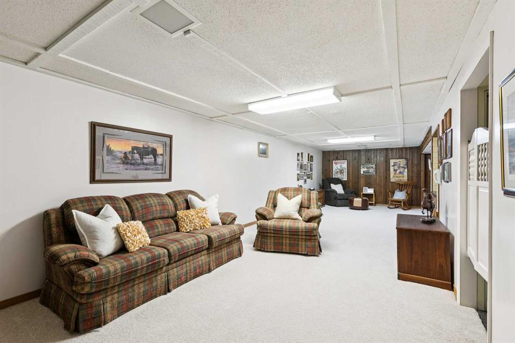 Long furnished recreation room with plaid seating, white carpet, and wood-paneled far wall.