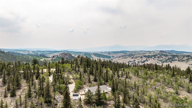 Aerial view of a home among pine trees, with mountain ridges in the distance.