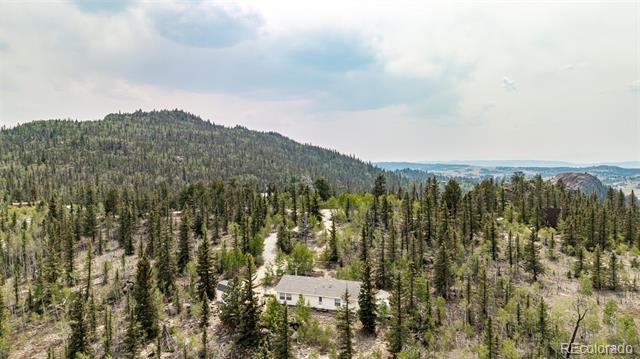 Aerial view of a home surrounded by pine forest, with wooded mountains in the distance.
