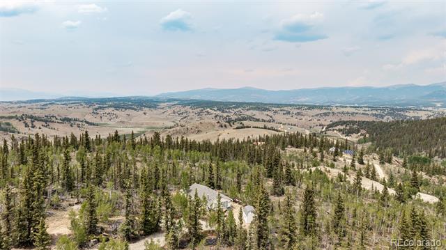 Aerial view of a wooded mountain property with scattered homes and distant mountain ranges.
